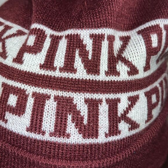 Victoria's Secret PINK Pompom Logo Knit Beanie Tobbogan Toque cap hat 2 tone - Picture 2 of 4
